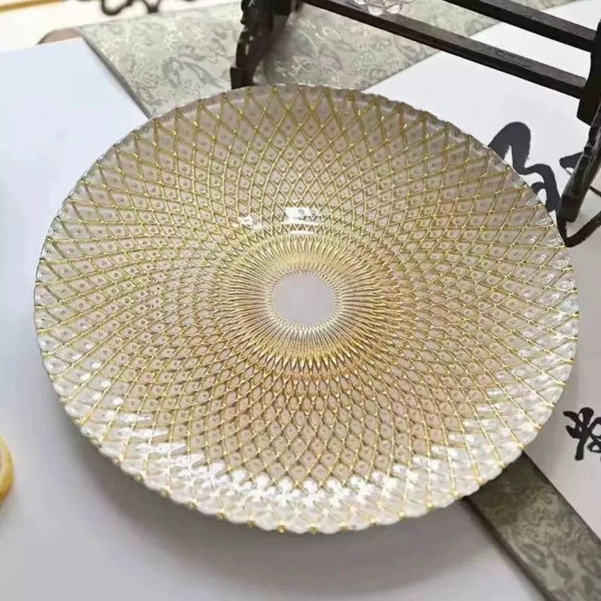 Assiette de présentation ronde 33 cm en verre transparent doré motif géométrique