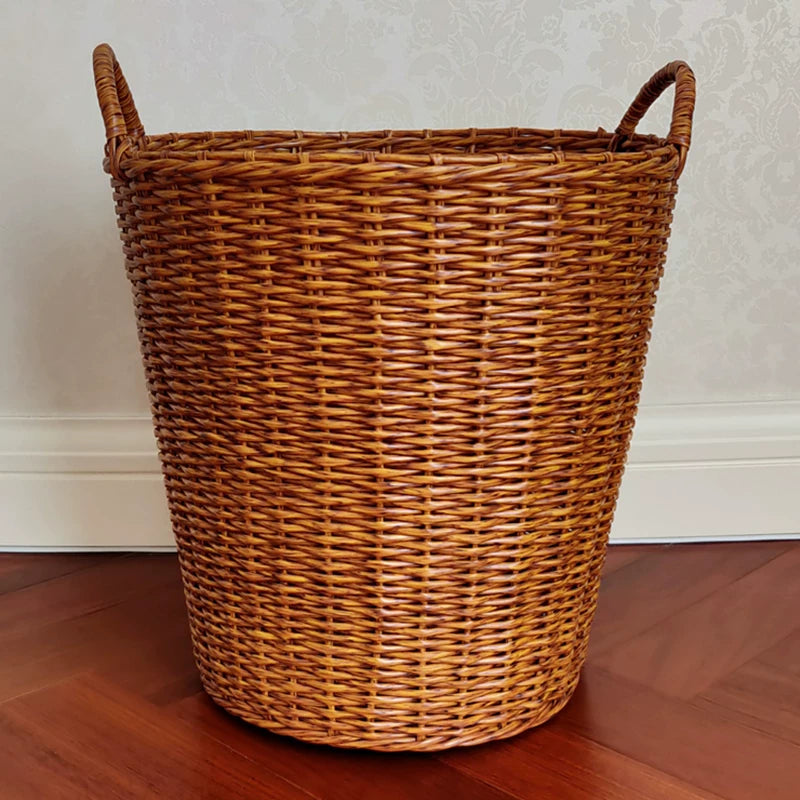 Panier à linge rond 45 x 55 cm en osier marron avec poignées tressées