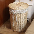 Panier à linge rond diamètre 40 cm hauteur 55 cm en osier naturel avec couvercle style rustique