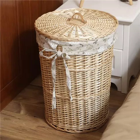 Panier à linge rond diamètre 40 cm hauteur 55 cm en osier naturel avec couvercle style rustique