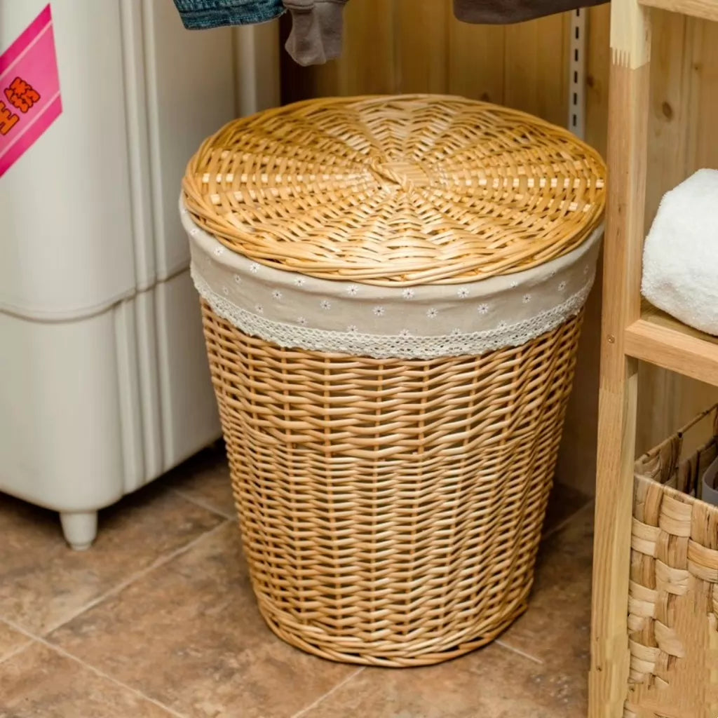 Panier à linge rond diamètre 40 cm hauteur 60 cm en osier naturel avec couvercle style rustique