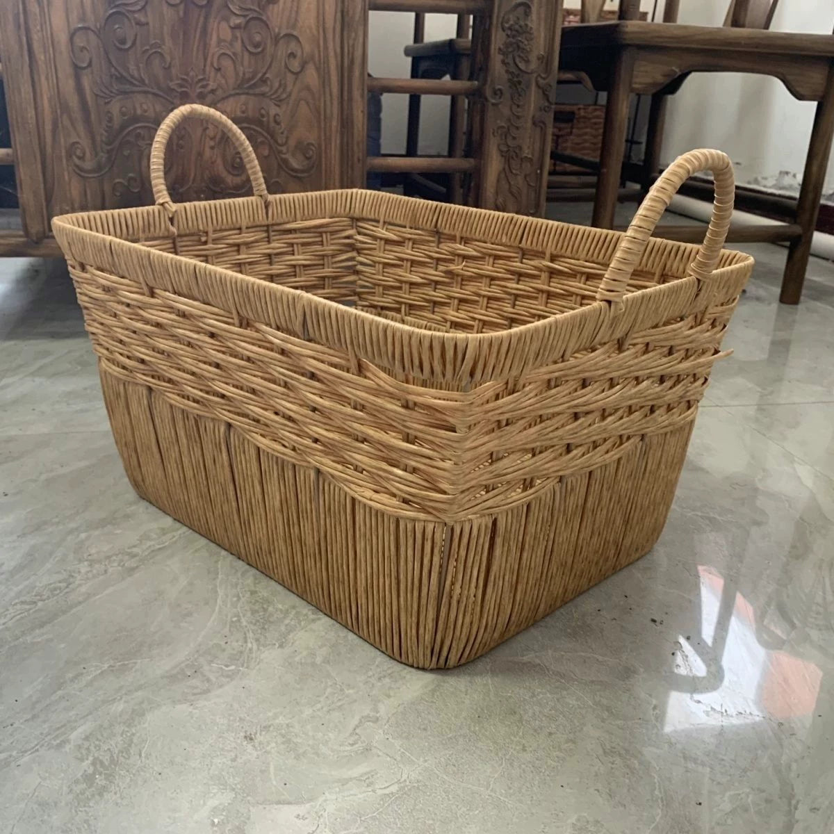 Panier de rangement 60 x 40 x 35 cm en fibre végétale tressée naturel avec anses style rustique