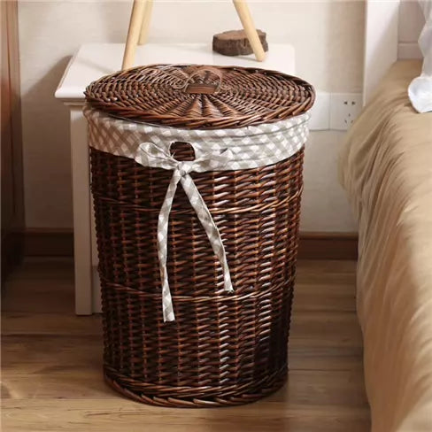 Panier à linge rond diamètre 40 cm en osier brun avec doublure en tissu style rustique