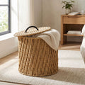 Panier à linge rond 40 x 60 cm en fibres végétales naturel avec couvercle tressé