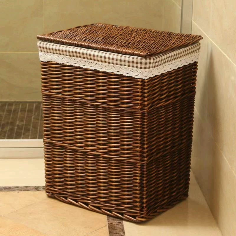 Panier à linge 40 x 30 x 50 cm en osier brun avec couvercle tissu vichy style rustique