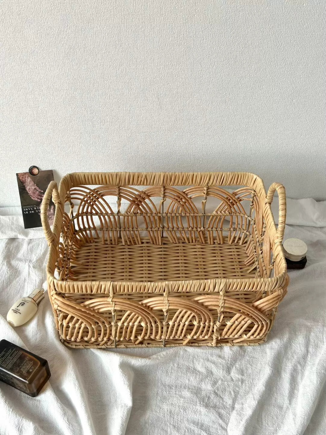 Panier de rangement 40 x 30 x 20 cm en osier naturel avec poignées style bohème