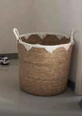 Panier à linge rond 45 cm 55 cm en fibres végétales beige style bohème avec anses