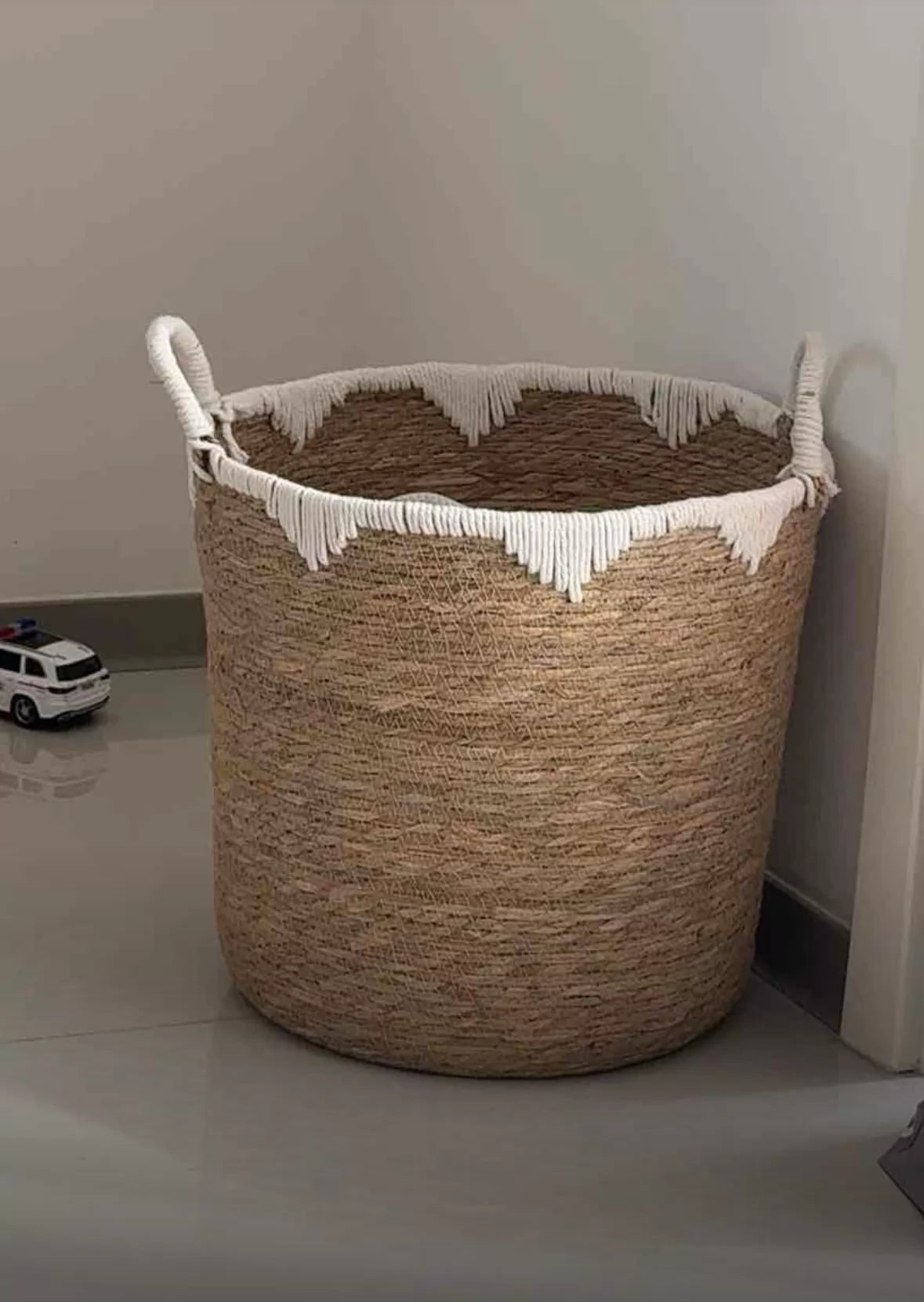 Panier à linge rond 45 cm 55 cm en fibres végétales beige style bohème avec anses