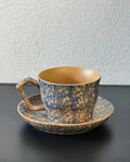 Tasse à café avec soucoupe 250 ml en céramique bleu beige moucheté style artisanal
