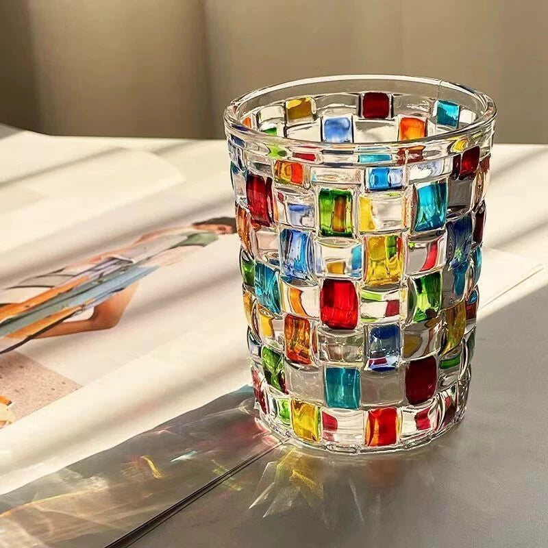 Verre à boire 350 ml en verre transparent multicolore décor mosaïque